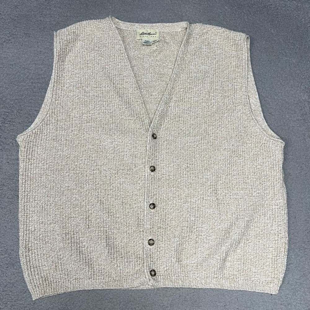 VTG Eddie Bauer Sweater Vest Mens XL Beige Waffle Knit Cardigan Grandpa Made USA